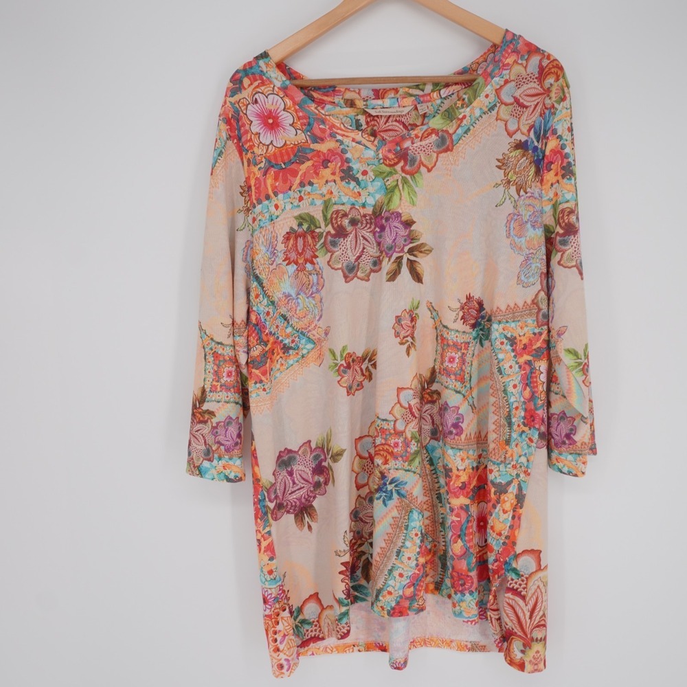 Soft Surroundings Floral Tunic Top 1X Multicolor Blouse 3/4 Sleeve Stretch